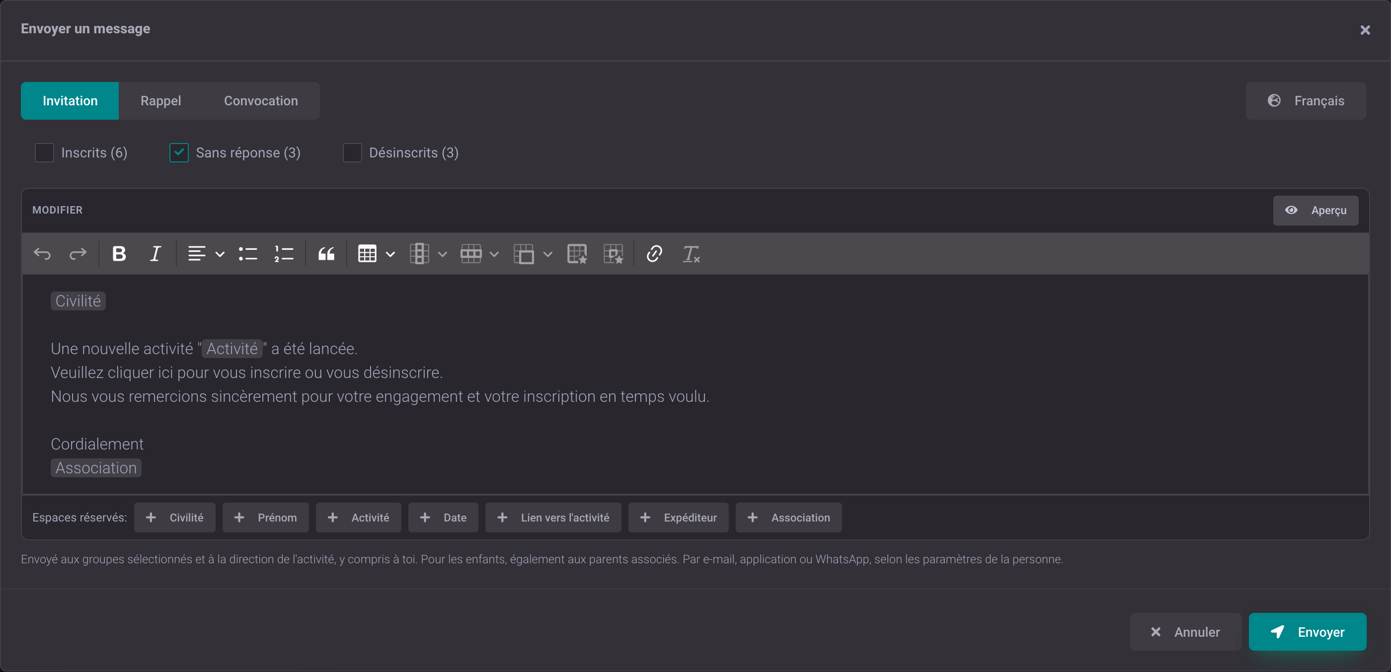 La direction du cours informe son groupe · DigitalMembers