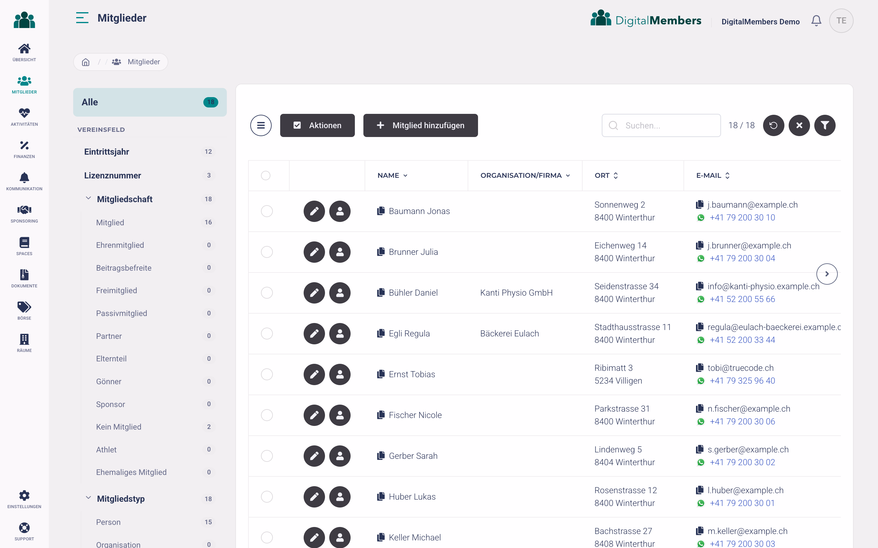 DigitalMembers Vereinssoftware Schweiz: Mitgliederliste mit allen Vereinsmitgliedern, Mitgliederverwaltung und Vereinsbuchhaltung in einer Plattform