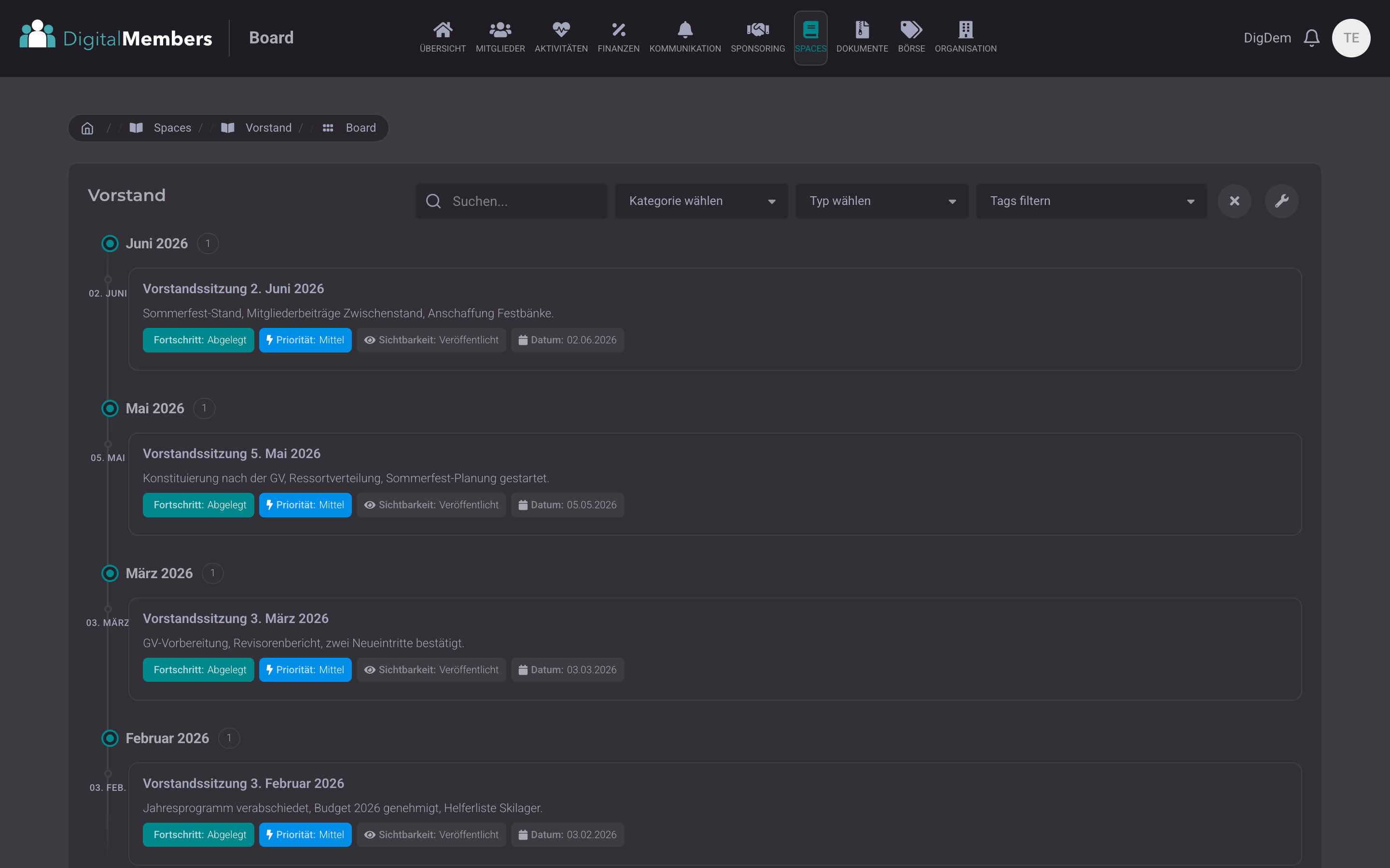 Meeting minutes in chronological order on the timeline