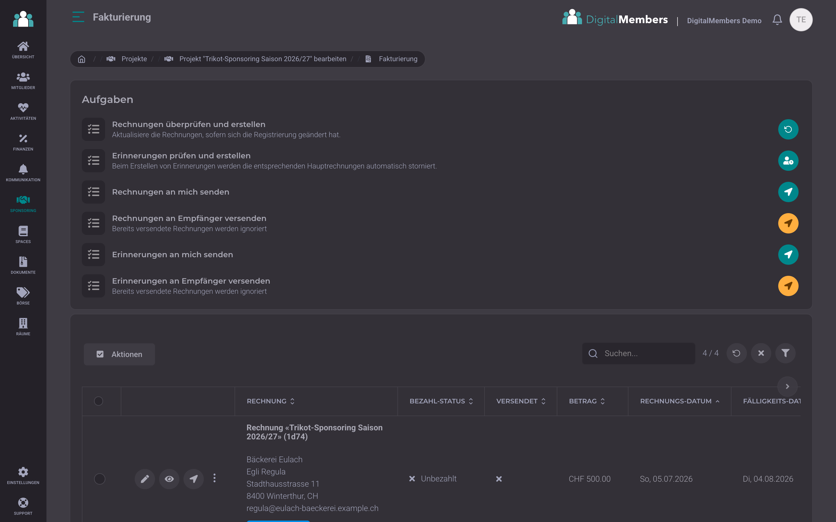 Sponsoring-Rechnungen automatisch aus Projekt und Paket · DigitalMembers