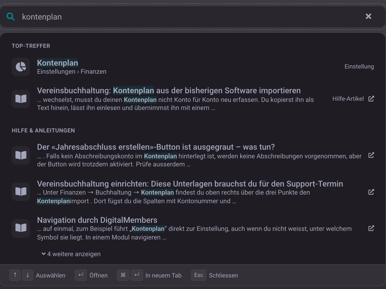 Suche nach Kontenplan in der Vereinssoftware DigitalMembers mit der Einstellung als erstem Treffer