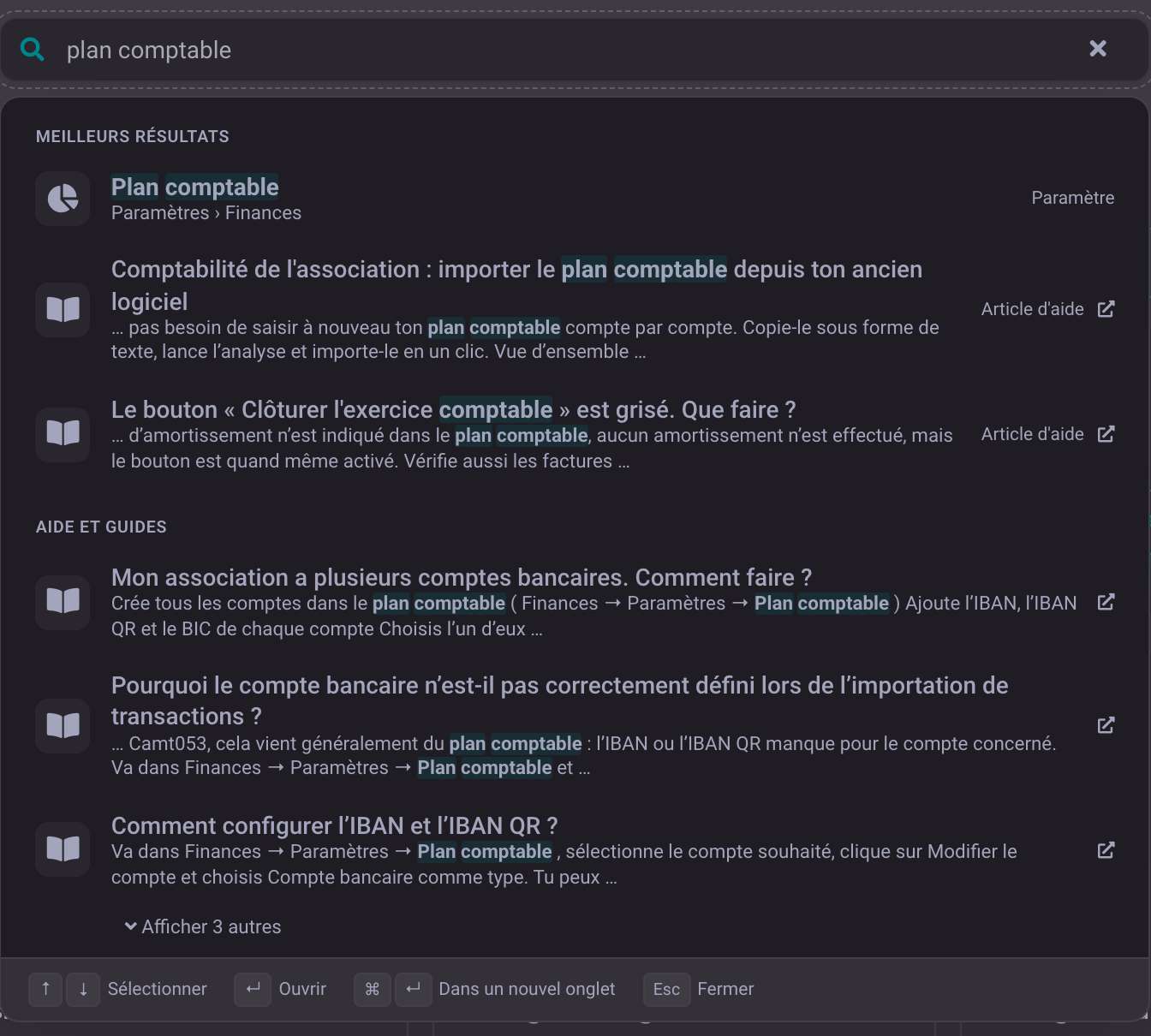 Recherche du plan comptable dans le logiciel d'association DigitalMembers, avec le paramètre comme premier résultat