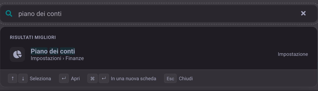 Ricerca del piano dei conti nel software per associazione DigitalMembers con l'impostazione come primo risultato