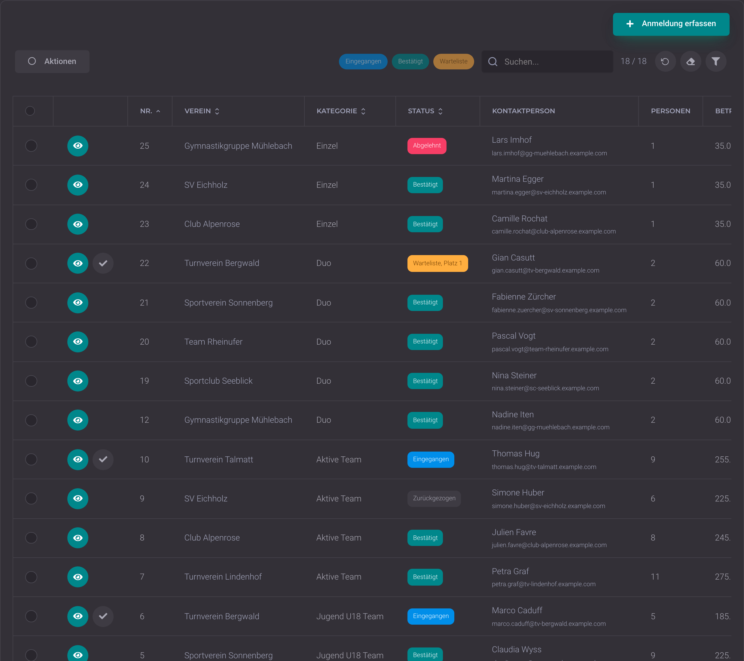 Alle Anmeldungen in einer Liste, mit Status und Warteliste · DigitalMembers